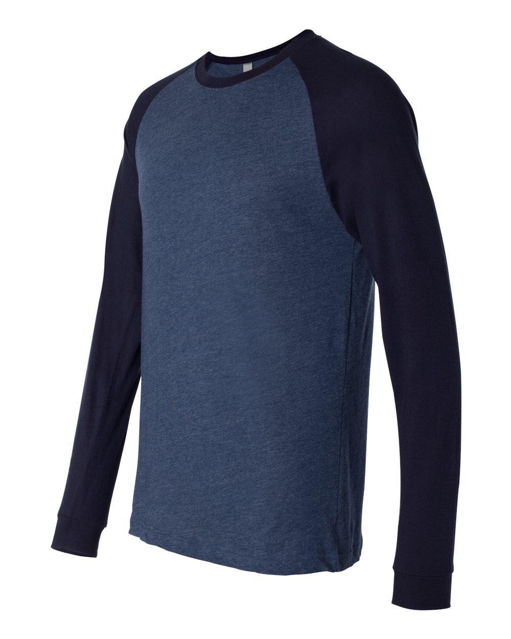 Men's Long Sleeve Jersey Baseball Tee in Heather Navy/ Midnight — Left sleeve