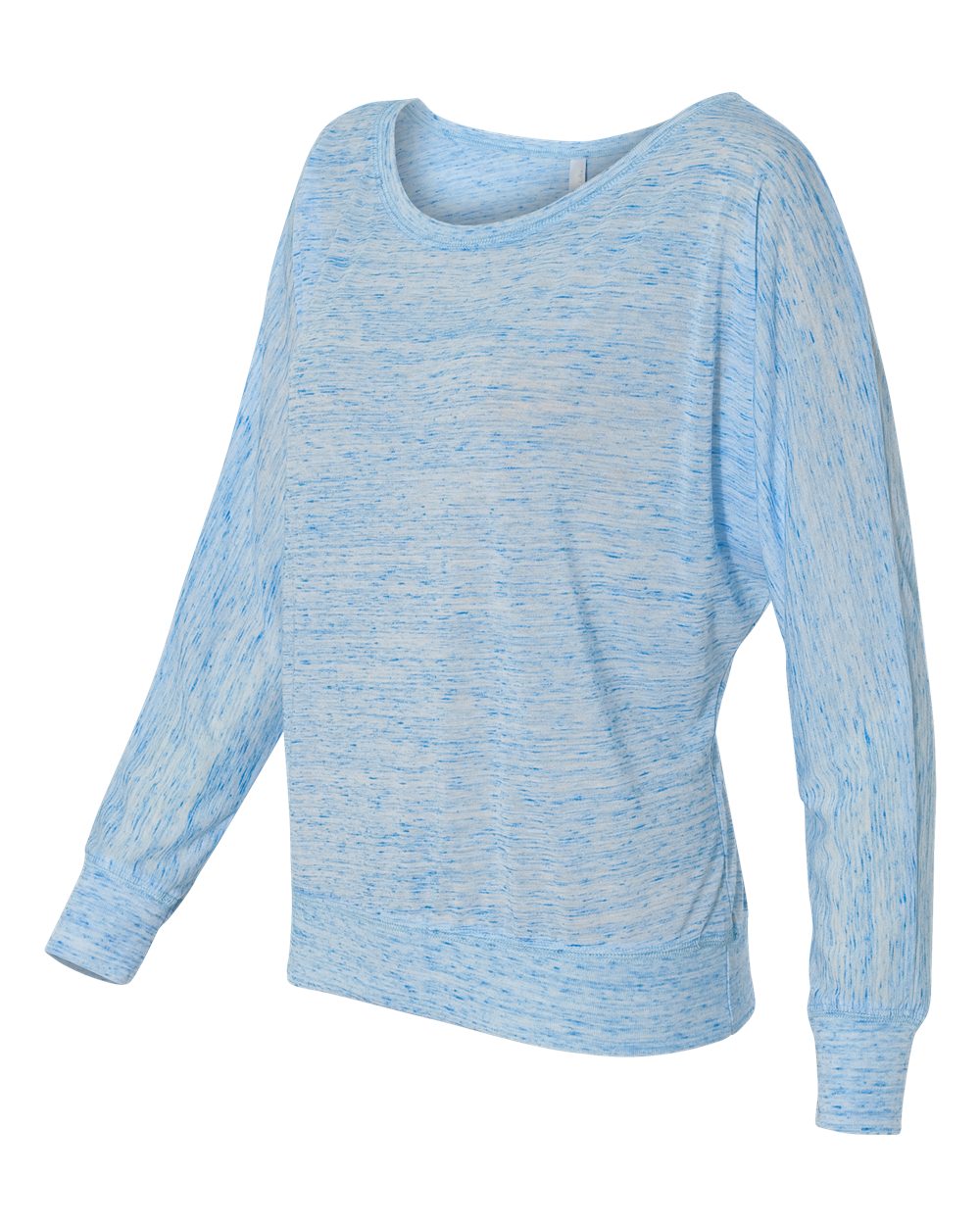 Women’s Flowy Off Shoulder Long Sleeve Tee in Blue Marble — Left sleeve