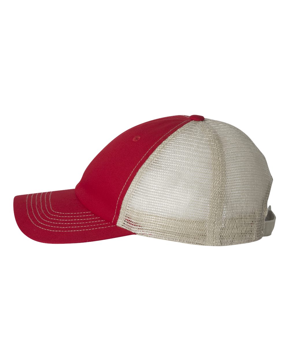 Contrast-Stitch Mesh-Back Cap in Red/ Stone — Left side