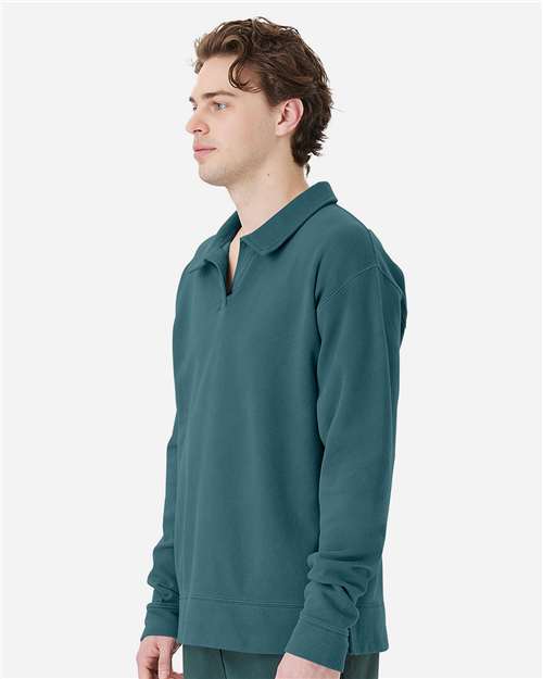 Unisex Garment-Dyed Polo Collar Sweatshirt – On Model – Side
