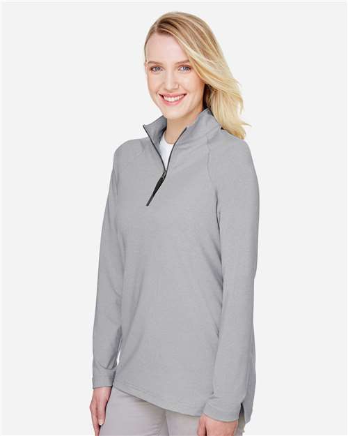 Women's CrownLux Performance® Clubhouse Micro-Stripe Quarter-Zip Pullover – On Model – Side