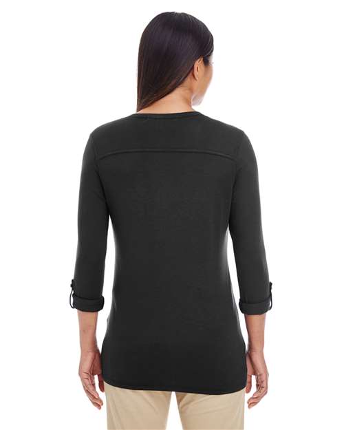 Women's Perfect Fit™ Y-Placket Convertible Sleeve Knit Top – On Model – Back