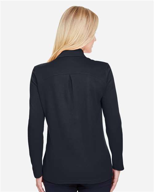 Women's CrownLux Performance® Plaited Long Sleeve Polo – On Model – Back