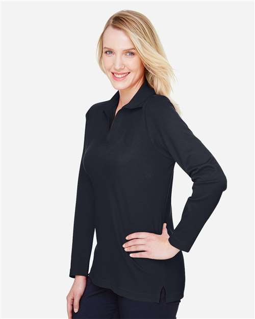 Women's CrownLux Performance® Plaited Long Sleeve Polo – On Model – Side