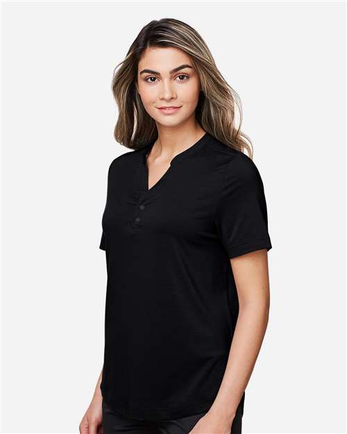 Women's JAQ Snap-Up Stretch Performance Polo – On Model – Side