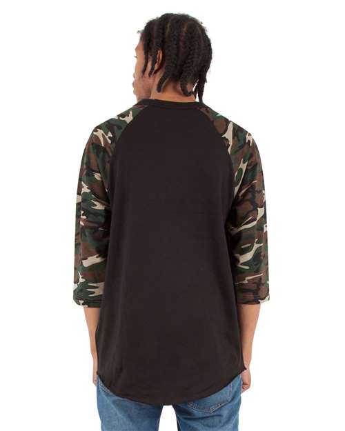 Unisex Three-Quarter Sleeve Camo Raglan T-Shirt – On Model – Back