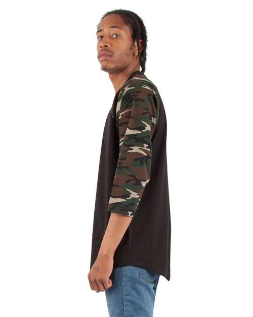 Unisex Three-Quarter Sleeve Camo Raglan T-Shirt – On Model – Side