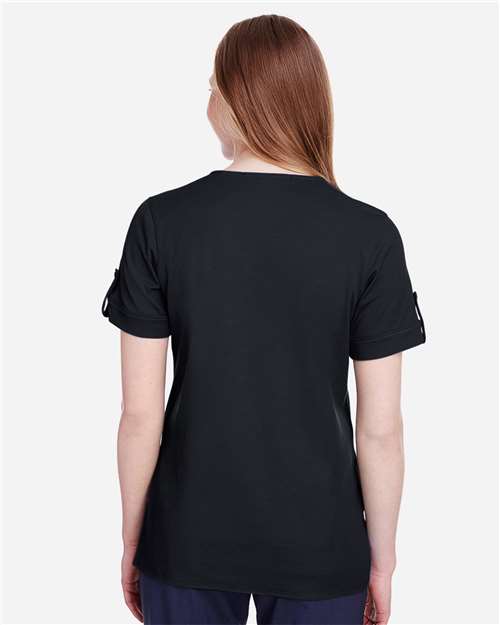 Women's CrownLux Performance® Plaited Rolled Sleeve Shirt – On Model – Back