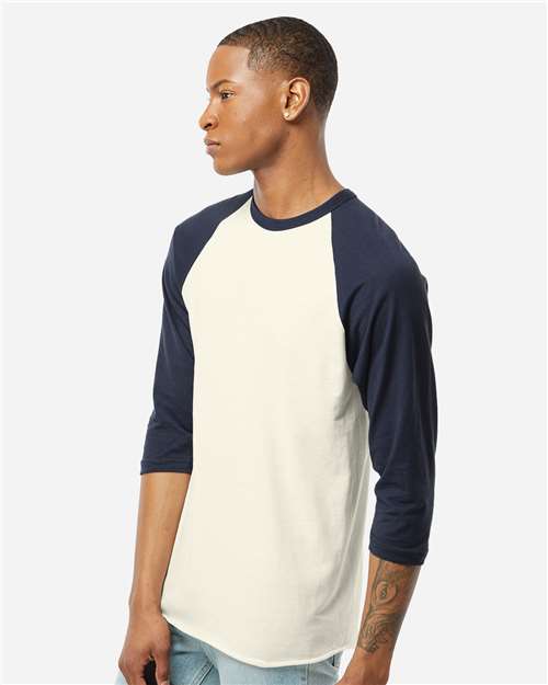 Unisex Fine Jersey Raglan T-Shirt – On Model – Side
