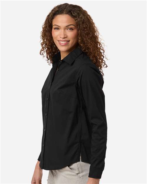 Women's CrownLux Performance® Spencer Poplin Dress Shirt – On Model – Side