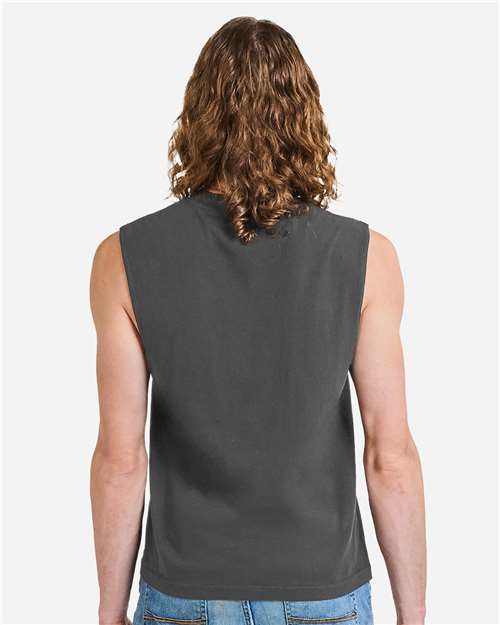 Unisex Heavyweight Cotton Garment-Dyed Mid-Length Muscle Tee – On Model – Back