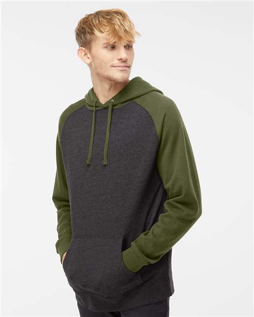 Unisex Raglan Hooded Sweatshirt – On Model – Side