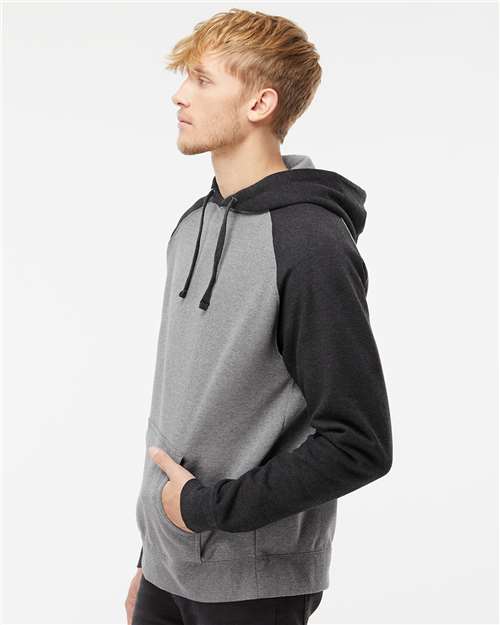 Unisex Raglan Hooded Sweatshirt – On Model – Side