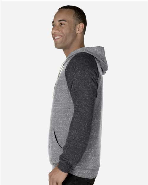 Unisex Snow Heather French Terry Raglan Hooded Sweatshirt – On Model – Side