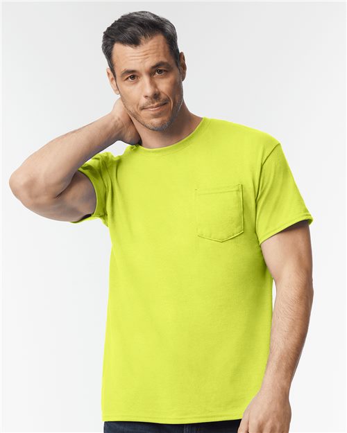 Safety Yellow Pocket Tee Shirt Front Left Chest Logo