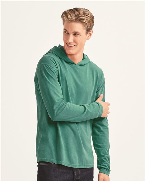 Comfort Colors 4900 Garment-Dyed Heavyweight Hooded Long Sleeve T-Shirt Model Shot