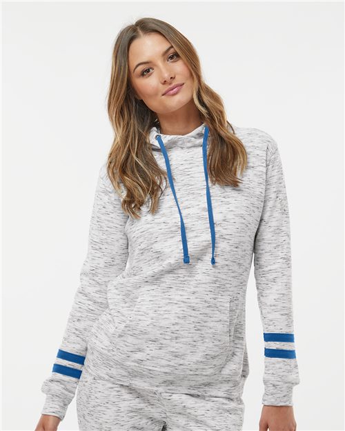 J. America 8674 Women’s Mélange Fleece Striped-Sleeve Hooded Sweatshirt Model Shot