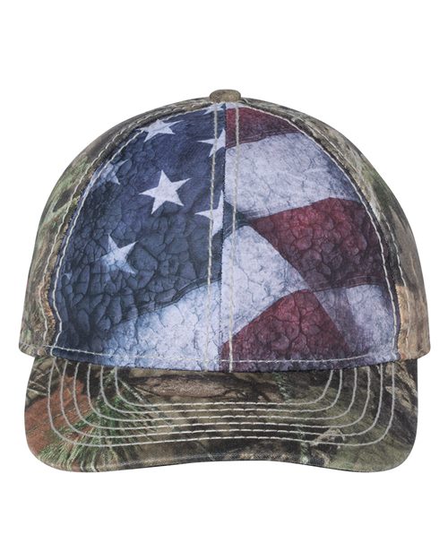 Outdoor Cap SUS100 Camo with Flag Sublimated Front Panels Cap Model Shot